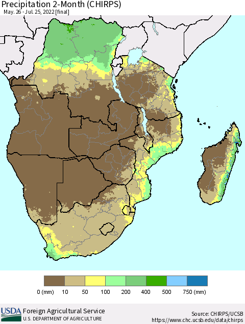 Southern Africa Precipitation 2-Month (CHIRPS) Thematic Map For 5/26/2022 - 7/25/2022