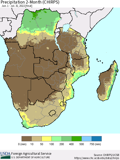 Southern Africa Precipitation 2-Month (CHIRPS) Thematic Map For 6/1/2022 - 7/31/2022