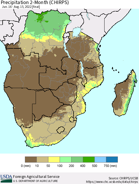 Southern Africa Precipitation 2-Month (CHIRPS) Thematic Map For 6/16/2022 - 8/15/2022