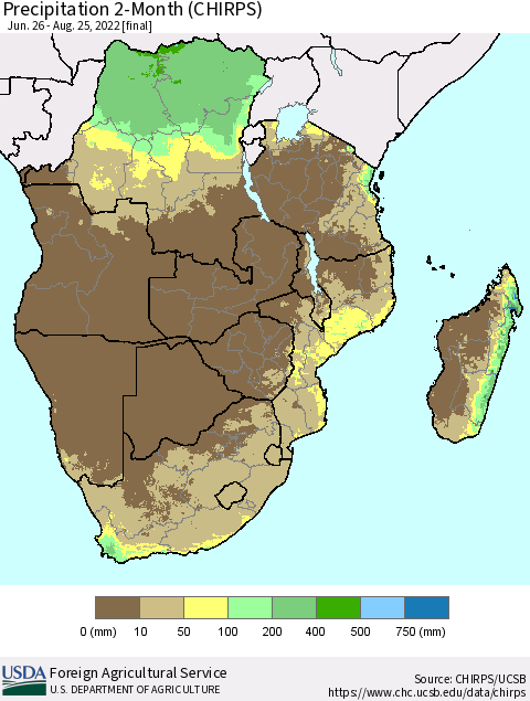 Southern Africa Precipitation 2-Month (CHIRPS) Thematic Map For 6/26/2022 - 8/25/2022