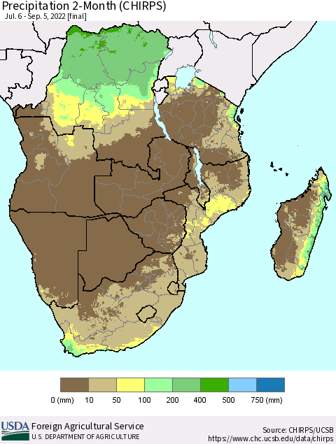 Southern Africa Precipitation 2-Month (CHIRPS) Thematic Map For 7/6/2022 - 9/5/2022