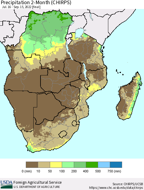 Southern Africa Precipitation 2-Month (CHIRPS) Thematic Map For 7/16/2022 - 9/15/2022