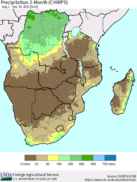 Southern Africa Precipitation 2-Month (CHIRPS) Thematic Map For 8/1/2022 - 9/30/2022