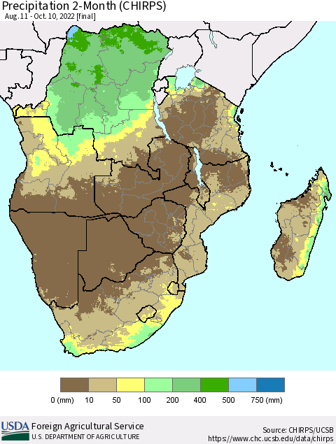Southern Africa Precipitation 2-Month (CHIRPS) Thematic Map For 8/11/2022 - 10/10/2022