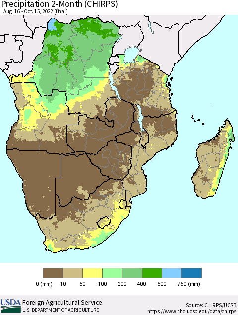 Southern Africa Precipitation 2-Month (CHIRPS) Thematic Map For 8/16/2022 - 10/15/2022