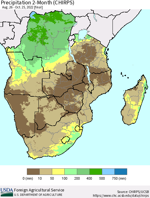 Southern Africa Precipitation 2-Month (CHIRPS) Thematic Map For 8/26/2022 - 10/25/2022