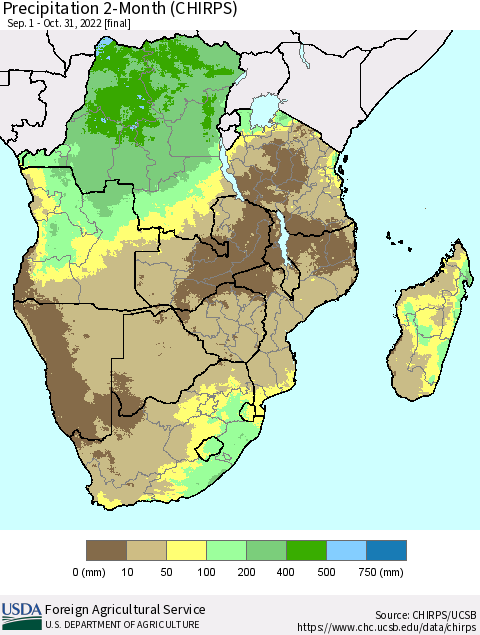 Southern Africa Precipitation 2-Month (CHIRPS) Thematic Map For 9/1/2022 - 10/31/2022