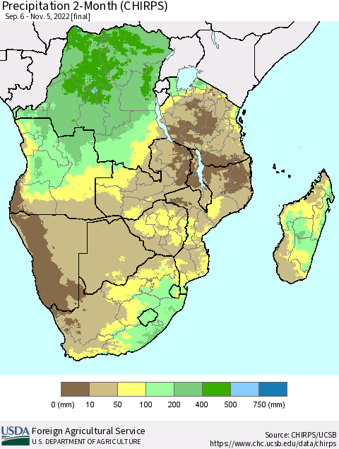 Southern Africa Precipitation 2-Month (CHIRPS) Thematic Map For 9/6/2022 - 11/5/2022