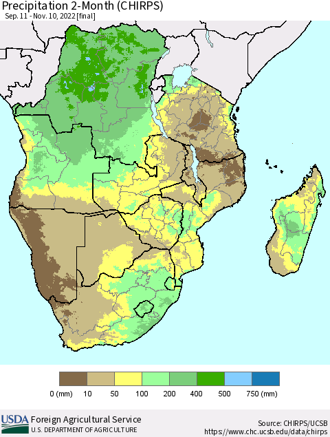 Southern Africa Precipitation 2-Month (CHIRPS) Thematic Map For 9/11/2022 - 11/10/2022