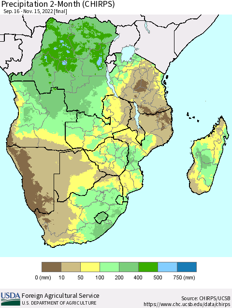 Southern Africa Precipitation 2-Month (CHIRPS) Thematic Map For 9/16/2022 - 11/15/2022