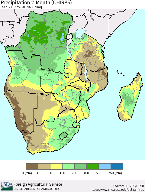 Southern Africa Precipitation 2-Month (CHIRPS) Thematic Map For 9/21/2022 - 11/20/2022
