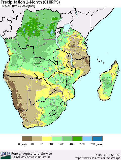 Southern Africa Precipitation 2-Month (CHIRPS) Thematic Map For 9/26/2022 - 11/25/2022