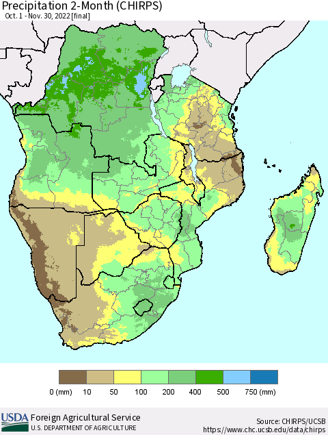 Southern Africa Precipitation 2-Month (CHIRPS) Thematic Map For 10/1/2022 - 11/30/2022