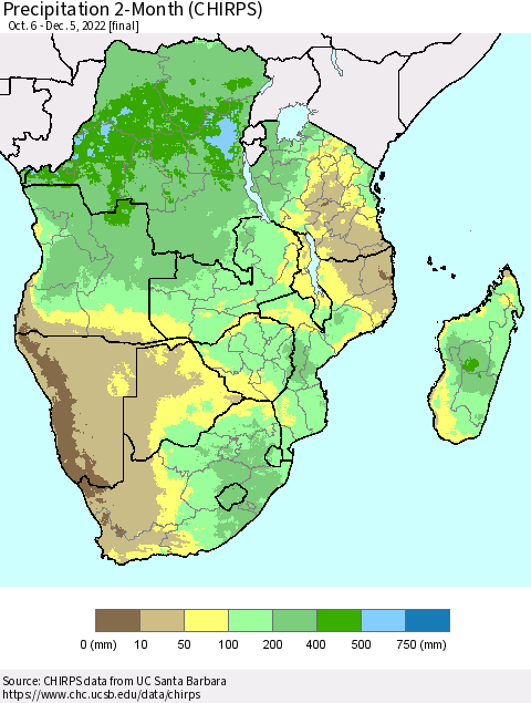 Southern Africa Precipitation 2-Month (CHIRPS) Thematic Map For 10/6/2022 - 12/5/2022