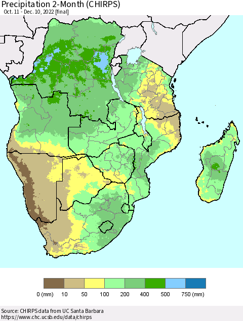 Southern Africa Precipitation 2-Month (CHIRPS) Thematic Map For 10/11/2022 - 12/10/2022