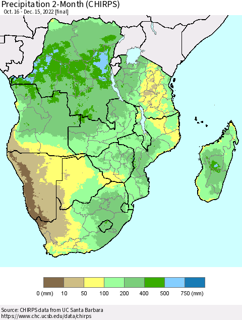 Southern Africa Precipitation 2-Month (CHIRPS) Thematic Map For 10/16/2022 - 12/15/2022