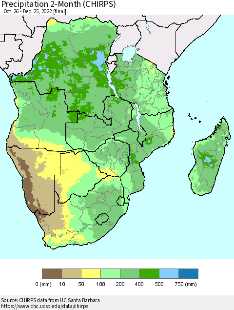 Southern Africa Precipitation 2-Month (CHIRPS) Thematic Map For 10/26/2022 - 12/25/2022