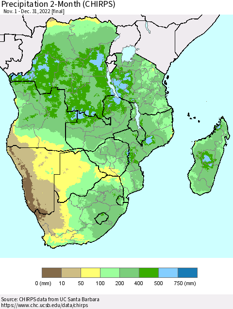 Southern Africa Precipitation 2-Month (CHIRPS) Thematic Map For 11/1/2022 - 12/31/2022