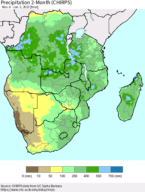 Southern Africa Precipitation 2-Month (CHIRPS) Thematic Map For 11/6/2022 - 1/5/2023