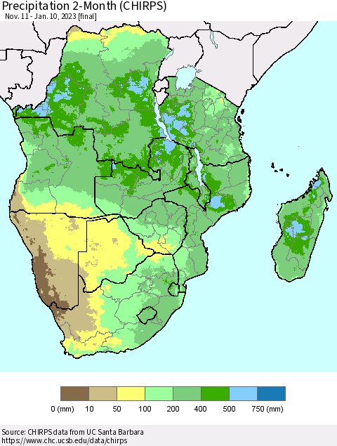 Southern Africa Precipitation 2-Month (CHIRPS) Thematic Map For 11/11/2022 - 1/10/2023