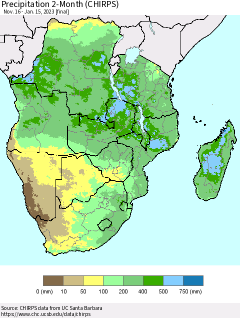 Southern Africa Precipitation 2-Month (CHIRPS) Thematic Map For 11/16/2022 - 1/15/2023