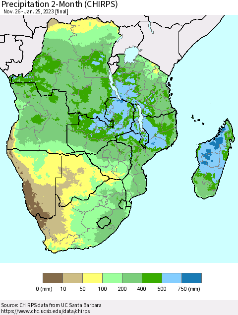 Southern Africa Precipitation 2-Month (CHIRPS) Thematic Map For 11/26/2022 - 1/25/2023