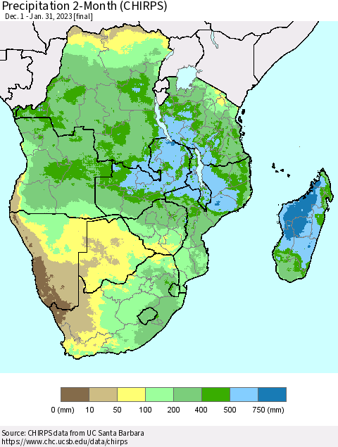 Southern Africa Precipitation 2-Month (CHIRPS) Thematic Map For 12/1/2022 - 1/31/2023