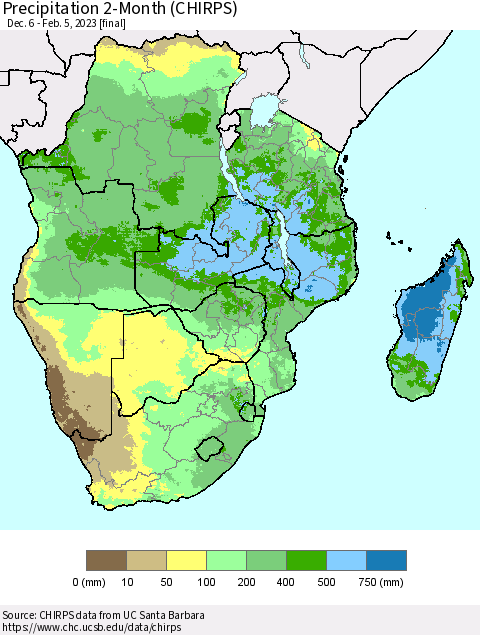 Southern Africa Precipitation 2-Month (CHIRPS) Thematic Map For 12/6/2022 - 2/5/2023