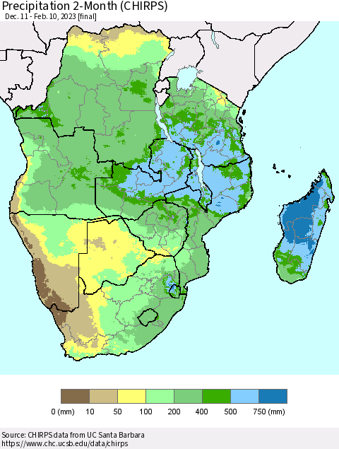 Southern Africa Precipitation 2-Month (CHIRPS) Thematic Map For 12/11/2022 - 2/10/2023