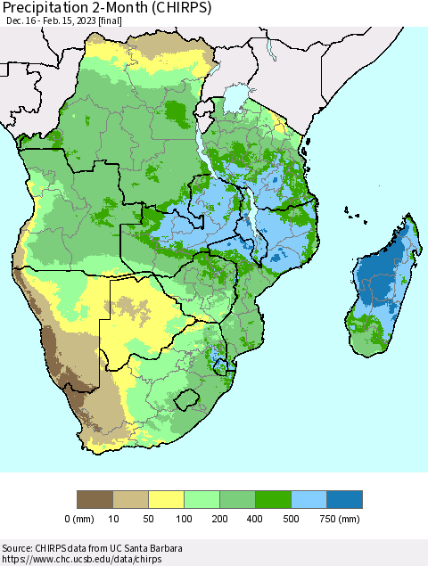 Southern Africa Precipitation 2-Month (CHIRPS) Thematic Map For 12/16/2022 - 2/15/2023