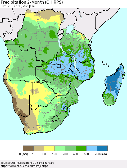 Southern Africa Precipitation 2-Month (CHIRPS) Thematic Map For 12/21/2022 - 2/20/2023