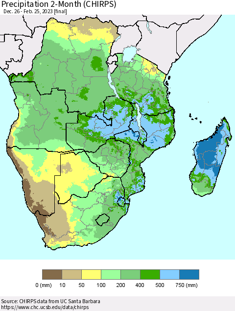 Southern Africa Precipitation 2-Month (CHIRPS) Thematic Map For 12/26/2022 - 2/25/2023