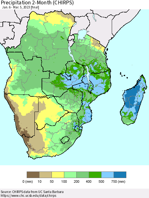 Southern Africa Precipitation 2-Month (CHIRPS) Thematic Map For 1/6/2023 - 3/5/2023