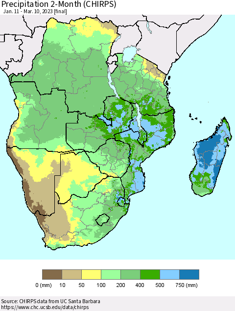 Southern Africa Precipitation 2-Month (CHIRPS) Thematic Map For 1/11/2023 - 3/10/2023