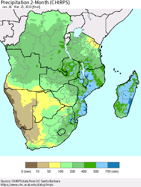 Southern Africa Precipitation 2-Month (CHIRPS) Thematic Map For 1/26/2023 - 3/25/2023