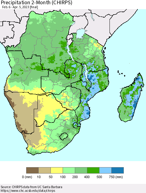 Southern Africa Precipitation 2-Month (CHIRPS) Thematic Map For 2/6/2023 - 4/5/2023