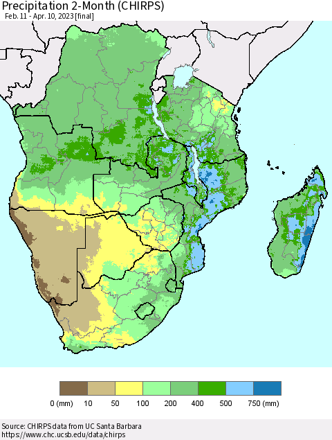 Southern Africa Precipitation 2-Month (CHIRPS) Thematic Map For 2/11/2023 - 4/10/2023