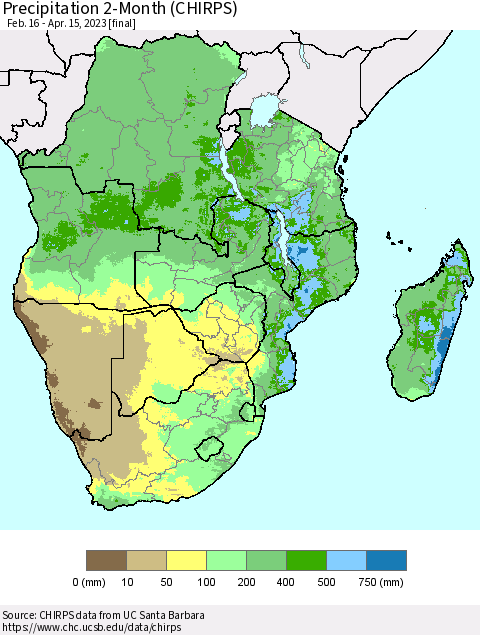 Southern Africa Precipitation 2-Month (CHIRPS) Thematic Map For 2/16/2023 - 4/15/2023