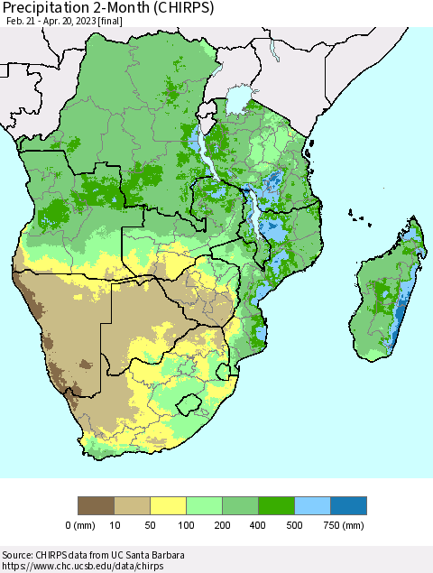 Southern Africa Precipitation 2-Month (CHIRPS) Thematic Map For 2/21/2023 - 4/20/2023