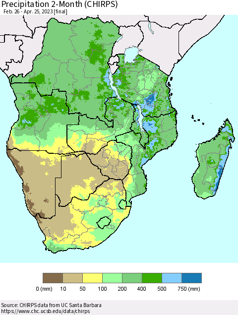 Southern Africa Precipitation 2-Month (CHIRPS) Thematic Map For 2/26/2023 - 4/25/2023