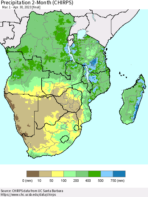 Southern Africa Precipitation 2-Month (CHIRPS) Thematic Map For 3/1/2023 - 4/30/2023