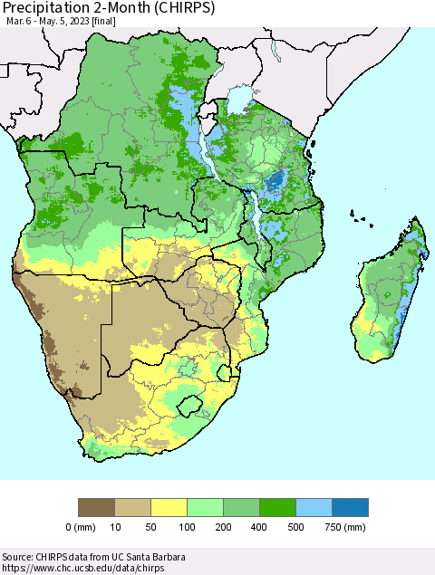Southern Africa Precipitation 2-Month (CHIRPS) Thematic Map For 3/6/2023 - 5/5/2023