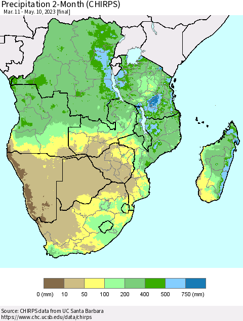 Southern Africa Precipitation 2-Month (CHIRPS) Thematic Map For 3/11/2023 - 5/10/2023