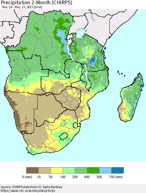 Southern Africa Precipitation 2-Month (CHIRPS) Thematic Map For 3/16/2023 - 5/15/2023
