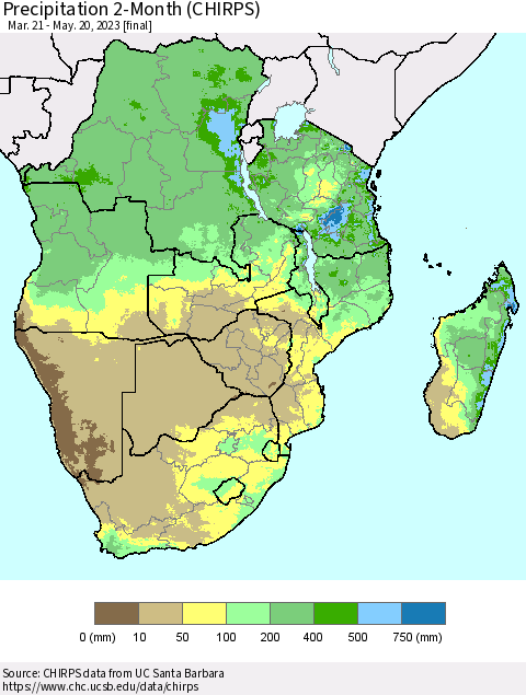 Southern Africa Precipitation 2-Month (CHIRPS) Thematic Map For 3/21/2023 - 5/20/2023