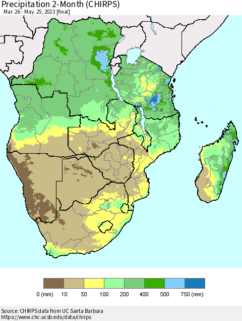 Southern Africa Precipitation 2-Month (CHIRPS) Thematic Map For 3/26/2023 - 5/25/2023