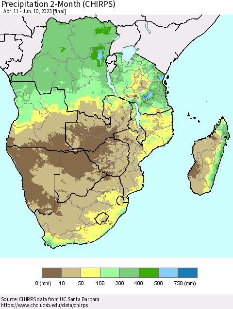 Southern Africa Precipitation 2-Month (CHIRPS) Thematic Map For 4/11/2023 - 6/10/2023