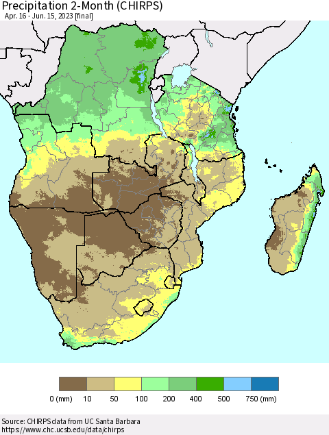 Southern Africa Precipitation 2-Month (CHIRPS) Thematic Map For 4/16/2023 - 6/15/2023