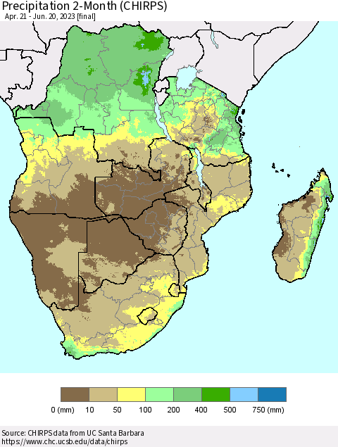 Southern Africa Precipitation 2-Month (CHIRPS) Thematic Map For 4/21/2023 - 6/20/2023