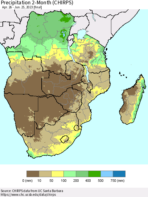 Southern Africa Precipitation 2-Month (CHIRPS) Thematic Map For 4/26/2023 - 6/25/2023